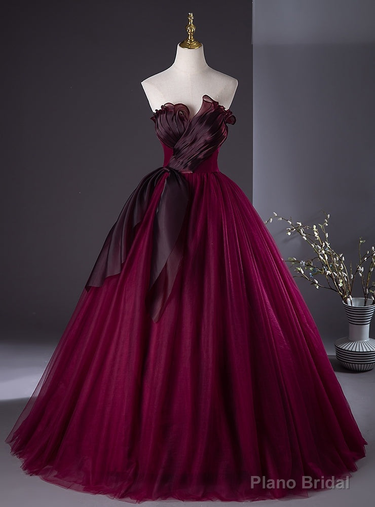Sexy Burgundy Tulle Strapless Pleats Prom Dress Main image