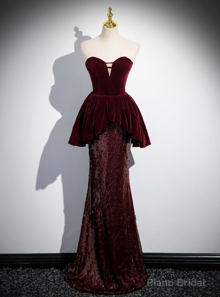 Sexy Burgundy Velvet Sequins Strapless Prom Dress Main image
