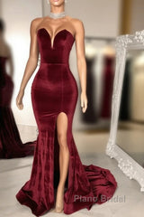 Sexy Burgundy Velvet Wedding Guest Dresses V Neck Mermaid Formal Prom Dresses