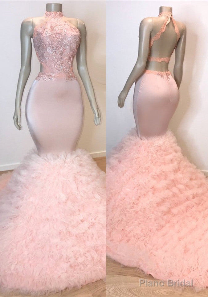 Sexy Chiffon High Collar Mermaid Prom Dress Sequins Pink Long