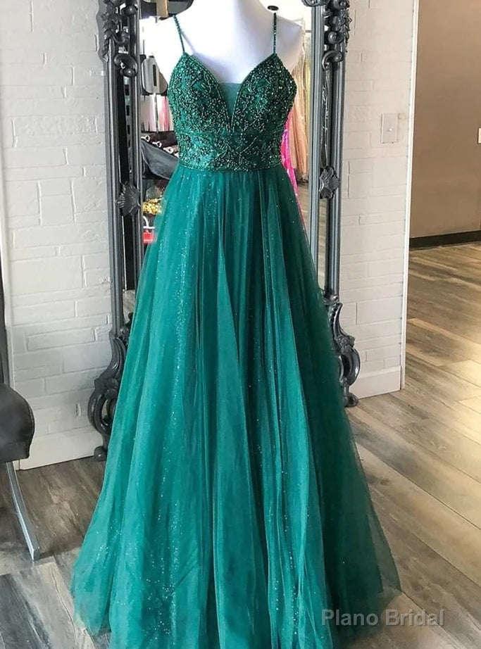 Sexy Dark Green Tulle Spaghetti Straps Beading Prom Dress Main image