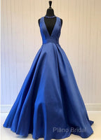 Sexy Deep V-Neck Long Satin Bow Back Formal Dresses Floor Length Formal Prom Gowns