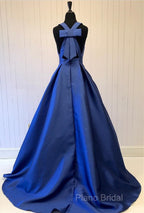 Sexy Deep V-Neck Long Satin Bow Back Formal Dresses Floor Length Formal Prom Gowns
