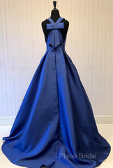 Sexy Deep V-Neck Long Satin Bow Back Formal Dresses Floor Length Formal Prom Gowns