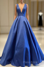 Sexy Deep V-Neck Long Satin Bow Back Formal Dresses Floor Length Formal Prom Gowns