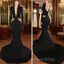 Sexy Deep V-Neck Long Sleeves Black Gold Formal Prom Dresses
