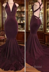Sexy Deep V Neck Mermaid Velvet Burgundy Formal Prom Dresses