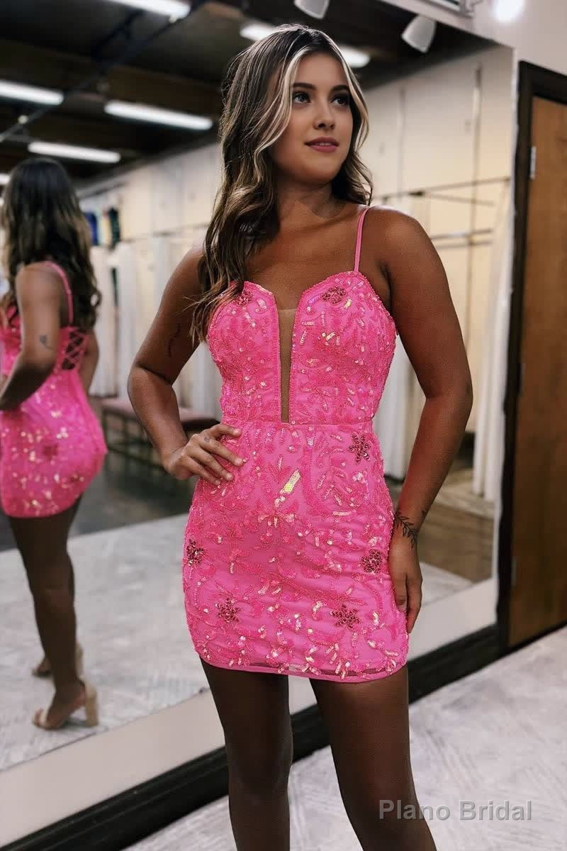 Sexy Deep V neck Sheath/Column Pink Short Homecoming Dress Main image