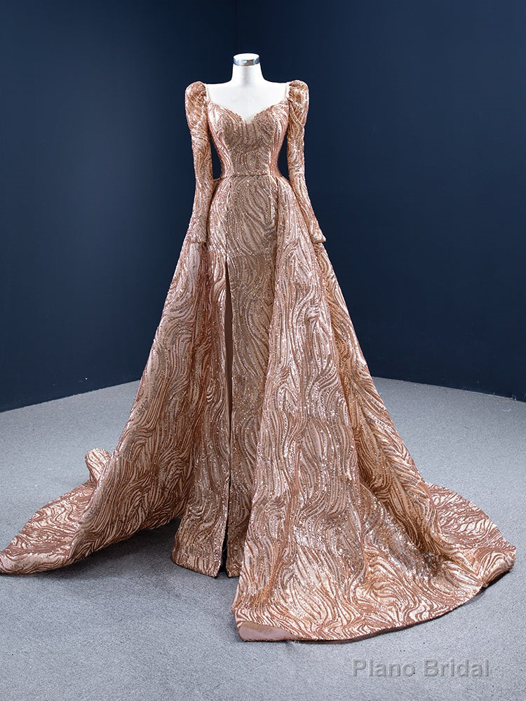 Sexy Gold Sequins Long Sleeve Prom Dress With Split Main image