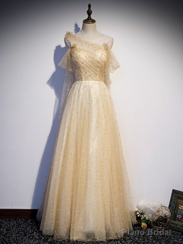 Sexy Gold Sequins Pearls Pleats Prom Dress