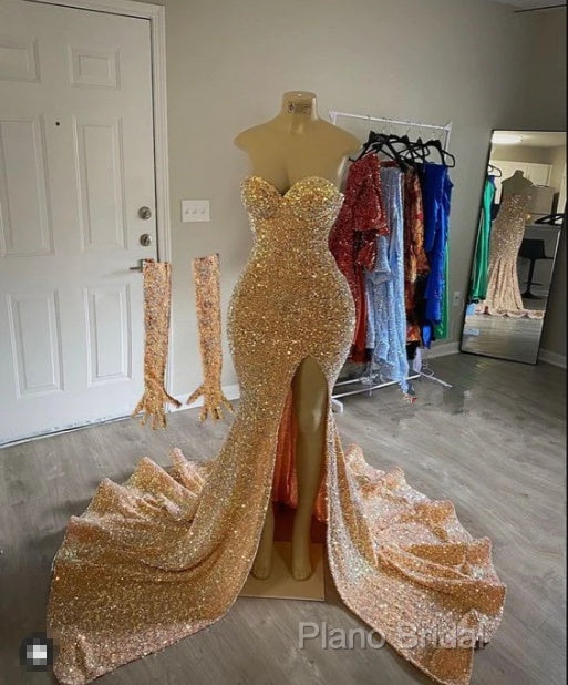 Sexy Gold Sequins Formal Prom Dresses Mermaid Long Black Girl Formal Dresses