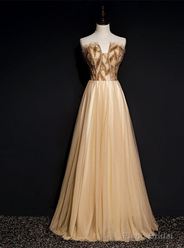 Sexy Gold Tulle Strapless Beading Prom Dress Main image