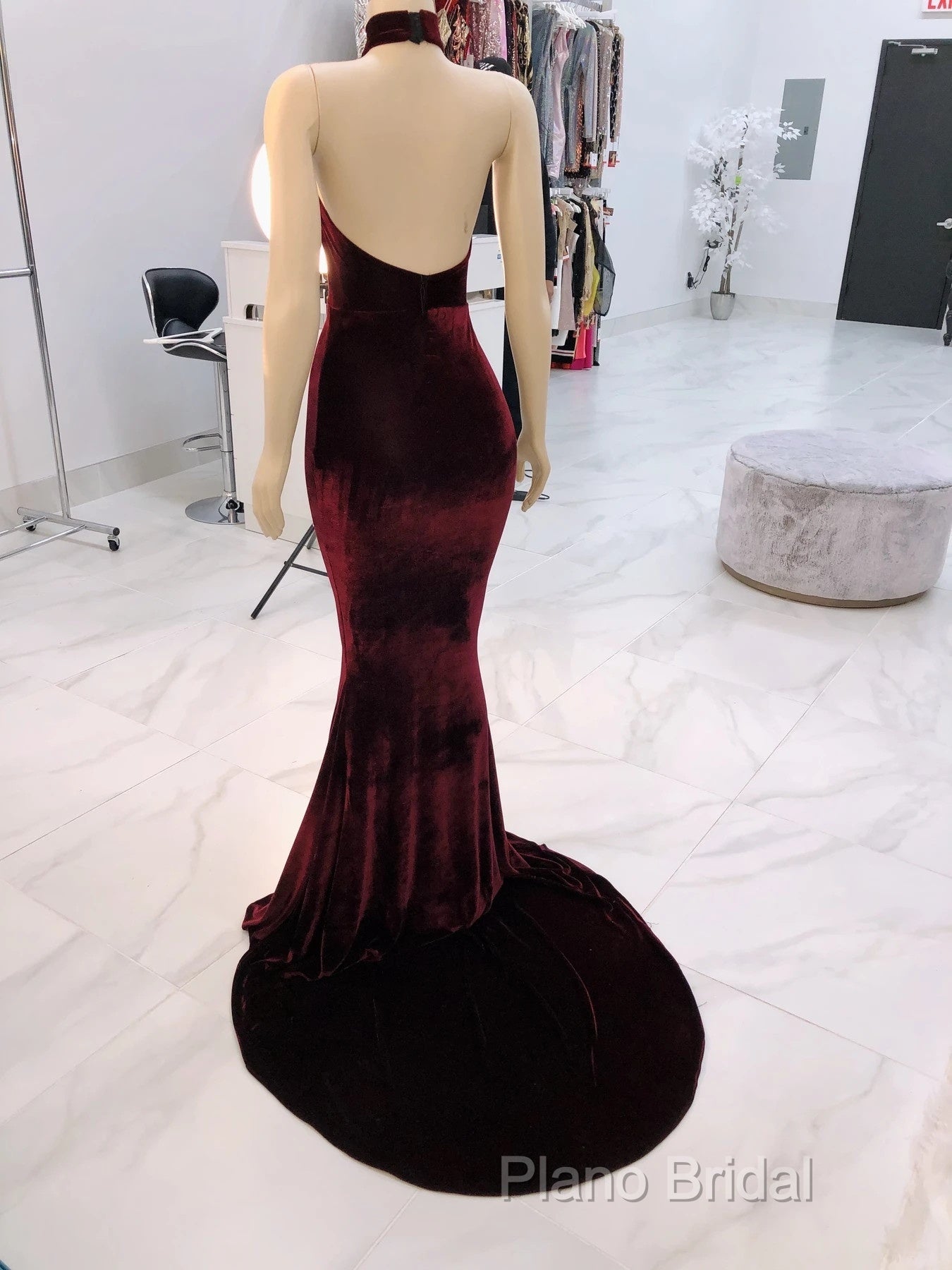 Sexy Halter Burgundy Winter Wedding Guest Dresses Velvet Formal Prom Dresses Sleeveless Secondary image