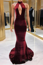 Sexy Halter Burgundy Winter Wedding Guest Dresses Velvet Formal Prom Dresses Sleeveless