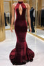 Sexy Halter Burgundy Winter Wedding Guest Dresses Velvet Formal Prom Dresses Sleeveless