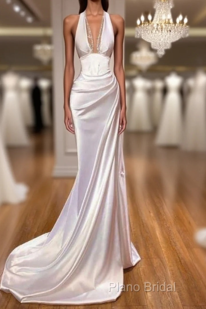 Sexy Halter V-Neck Mermaid Formal Prom Dresses Ruffle Satin Long Party Dresses Main image