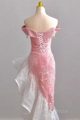 Sexy High Low Off The Shoulder Pink Velvet Formal Prom Dresses