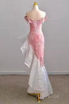 Sexy High Low Off The Shoulder Pink Velvet Formal Prom Dresses