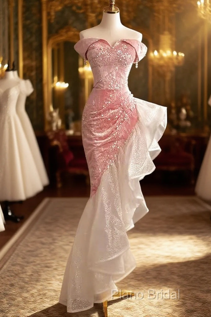 Sexy High Low Off The Shoulder Pink Velvet Formal Prom Dresses Main image