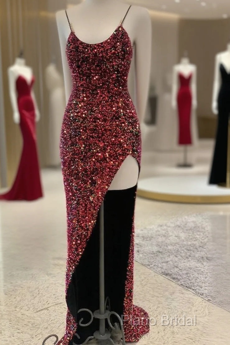 Sexy Iridescent Burgundy Sequin Formal Prom Dresses Straps Glitter Formal Dresses Uk Main image