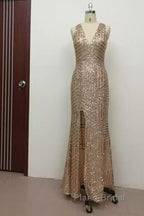 Sexy Leg Split Open Back Mermaid Sequins Formal Prom Dresses