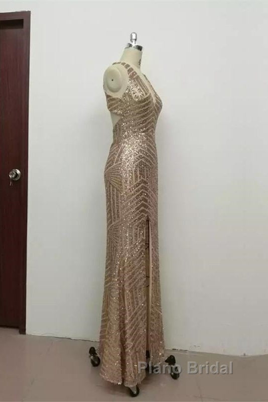 Sexy Leg Split Open Back Mermaid Sequins Formal Prom Dresses