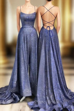 Sexy Long A-line Spaghetti Straps Backless Ruffles Formal Prom Dresses with Slit