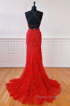 Sexy Long Lace Red Formal Prom Dresses Open Back
