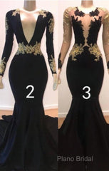 Sexy Long Sleeve Black Gold Formal Prom Dresses V Neck Appliques Formal Dresses