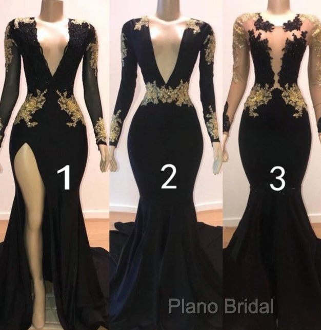 Sexy Long Sleeve Black Gold Formal Prom Dresses V Neck Appliques Formal Dresses