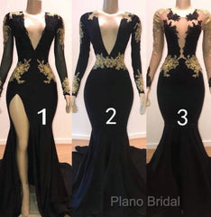 Sexy Long Sleeve Black Gold Formal Prom Dresses V Neck Appliques Formal Dresses