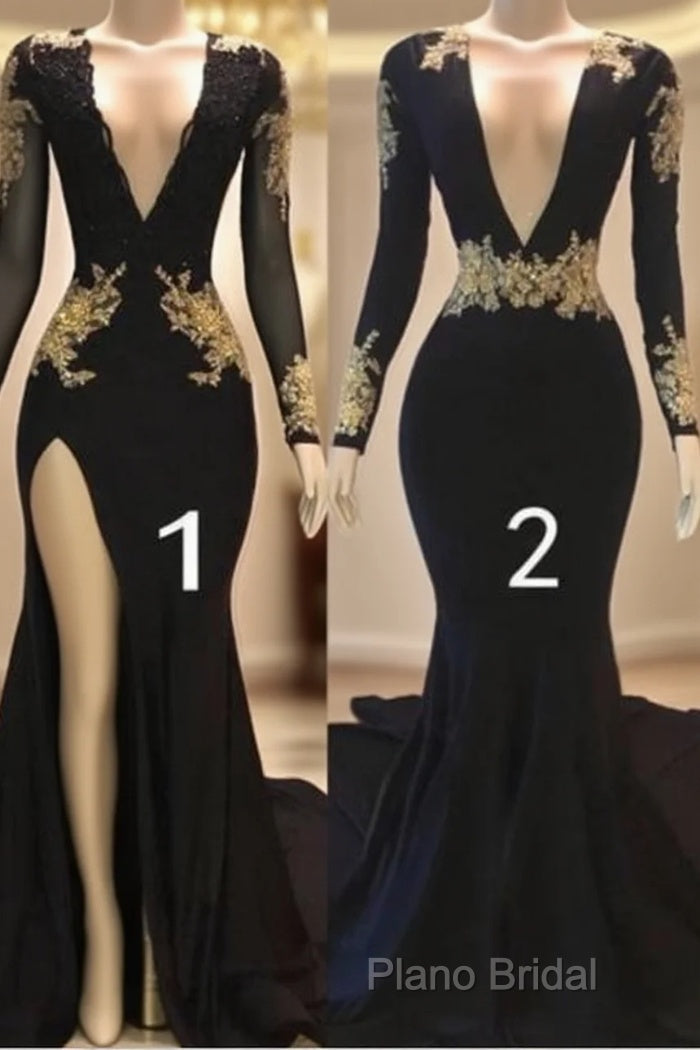 Sexy Long Sleeve Black Gold Formal Prom Dresses V Neck Appliques Formal Dresses