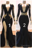 Sexy Long Sleeves Black Mermaid Prom Dress Sequins Long Deep V-neck With Split