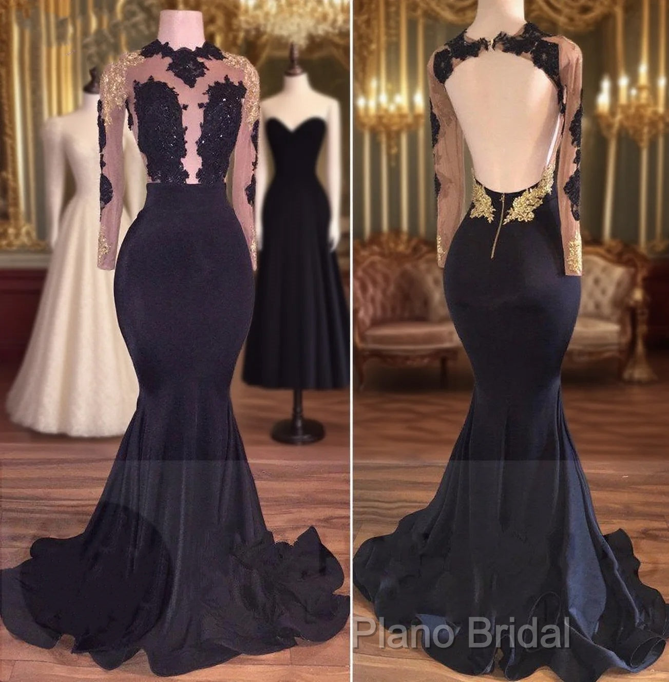 Sexy Mermaid Black Gold Long-Sleeve Formal Prom Dresses Main image