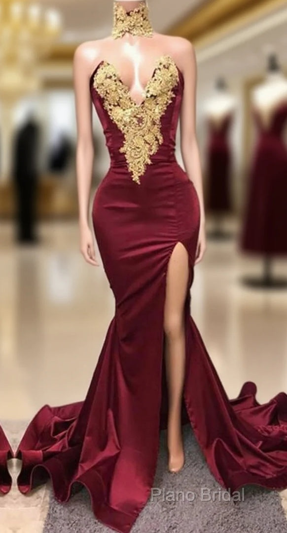 Sexy Mermaid Front-Split Lace High Neck Burgundy Formal Prom Dresses Main image