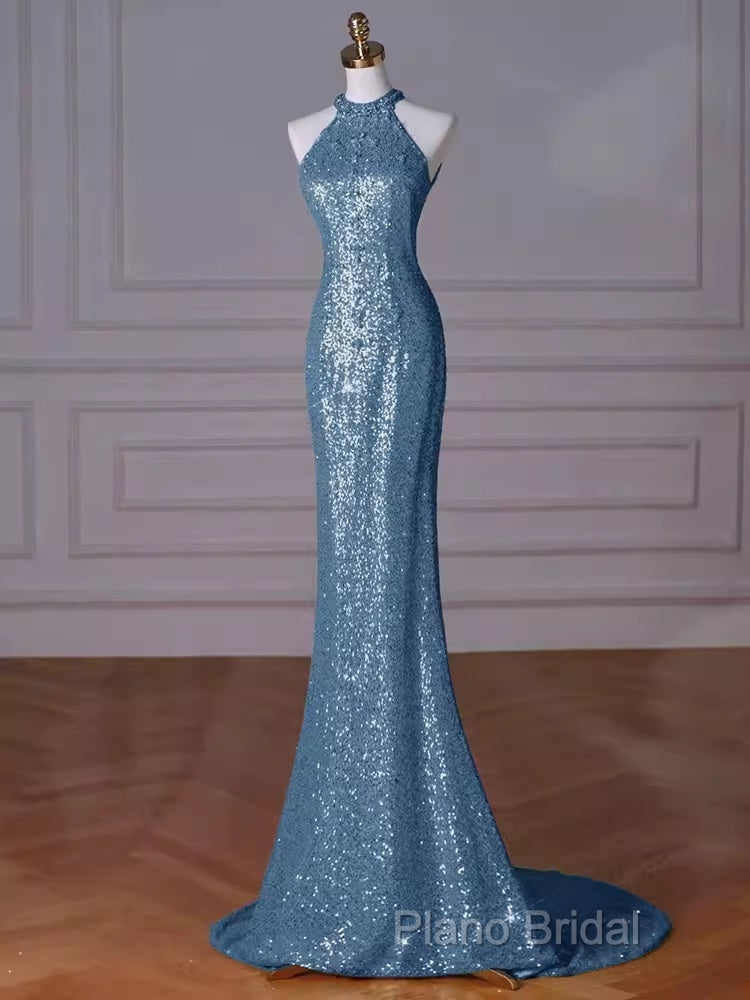 Sexy Mermaid Halter Sequin Blue Floor Length Formal Prom Dresses Secondary image