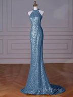 Sexy Mermaid Halter Sequin Blue Floor Length Formal Prom Dresses