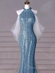 Sexy Mermaid Halter Sequin Blue Floor Length Formal Prom Dresses