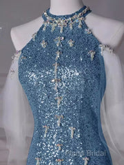 Sexy Mermaid Halter Sequin Blue Floor Length Formal Prom Dresses