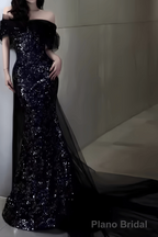 Sexy Mermaid Long Black Sequin Prom Dresses With Cap Sleeves Long Prom Dress