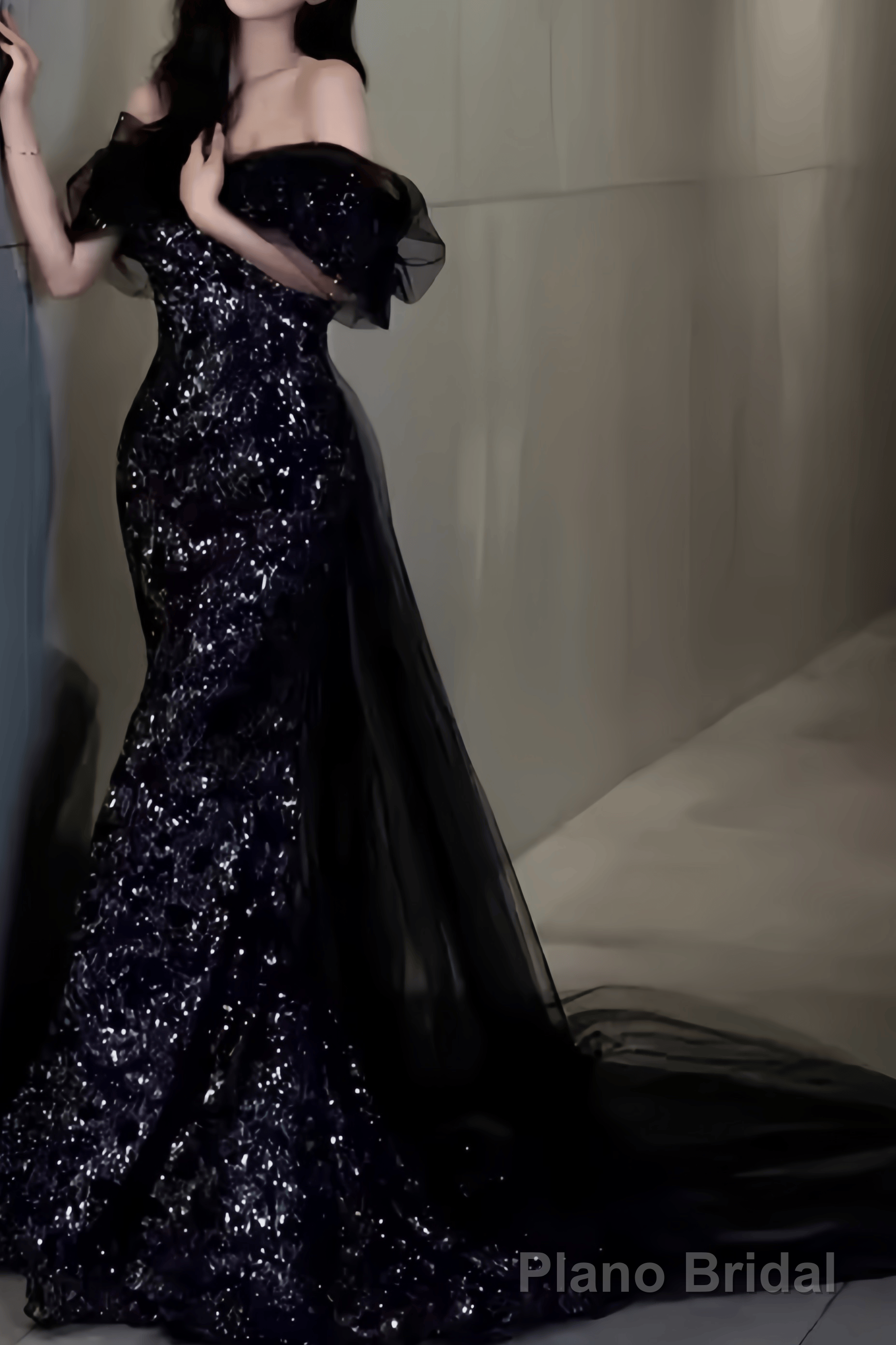 Sexy Mermaid Long Black Sequin Prom Dresses With Cap Sleeves Long Prom Dress