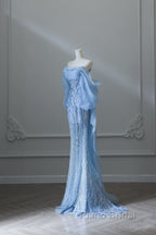 Sexy Mermaid Off The Shoulder Blue Sequin Long Formal Prom Dresses Evening Gowns