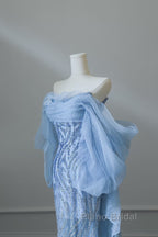 Sexy Mermaid Off The Shoulder Blue Sequin Long Formal Prom Dresses Evening Gowns