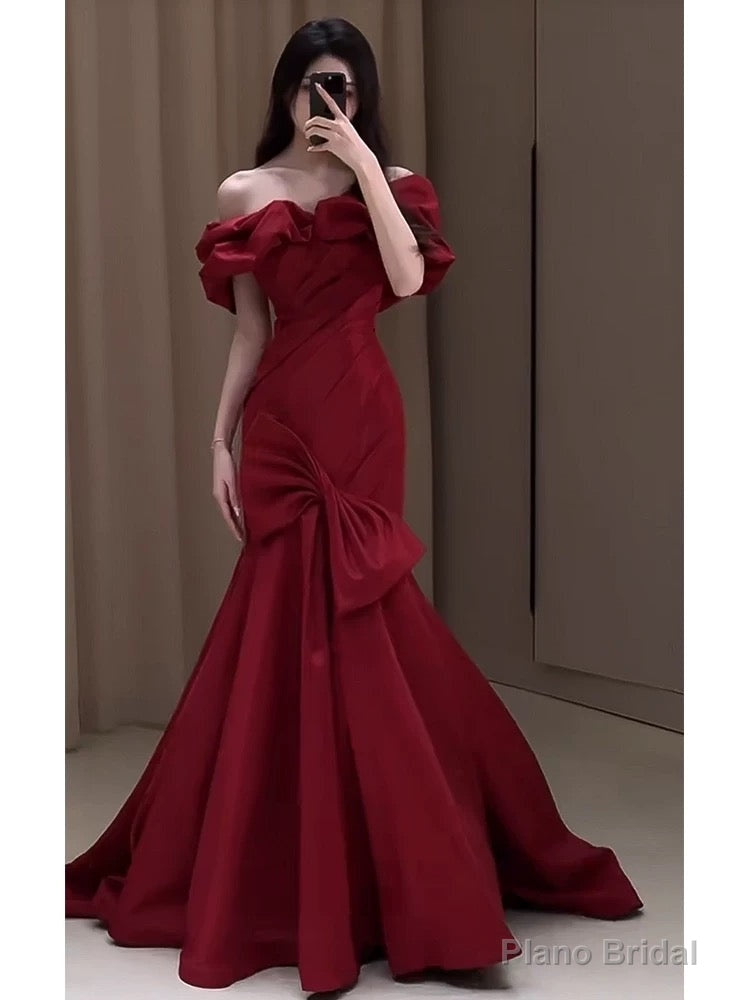 Sexy Mermaid Off The Shoulder Burgundy Satin Floor Length Evening Dress Prom Dresses