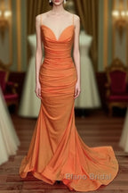 Sexy Mermaid Orange Satin Formal Prom Dresses