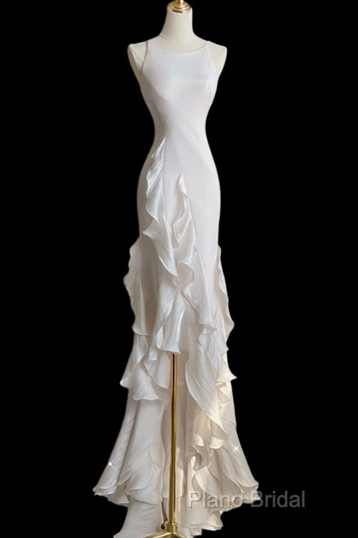 Sexy Mermaid Scoop Satin Night Party Dresses White Long Formal Prom Dresses