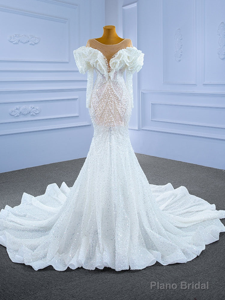 Sexy Mermaid Sequins Pearls Long Sleeve Wedding Dress Main image