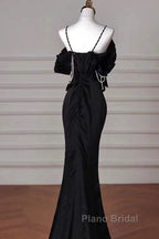 Sexy Mermaid Spaghetti Straps Black Long Formal Dresses Satin Formal Prom Dresses