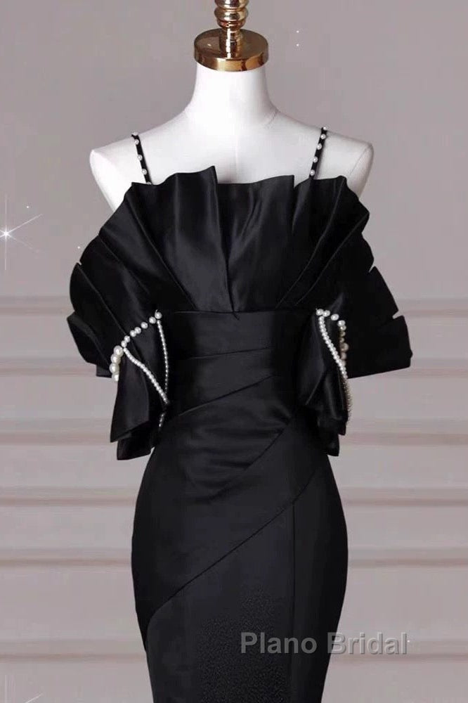 Sexy Mermaid Spaghetti Straps Black Long Formal Dresses Satin Formal Prom Dresses