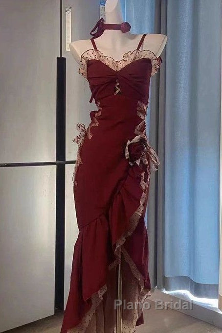Sexy Mermaid Spaghetti Straps Burgundy Long Evening Dresses Formal Prom Dresses Secondary image